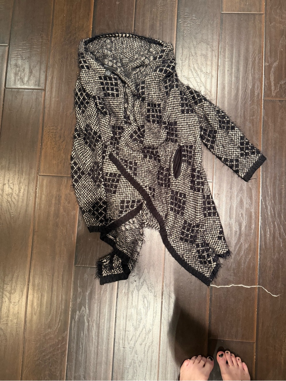 Black and Cream Knit Hooded Cardigan Sweater